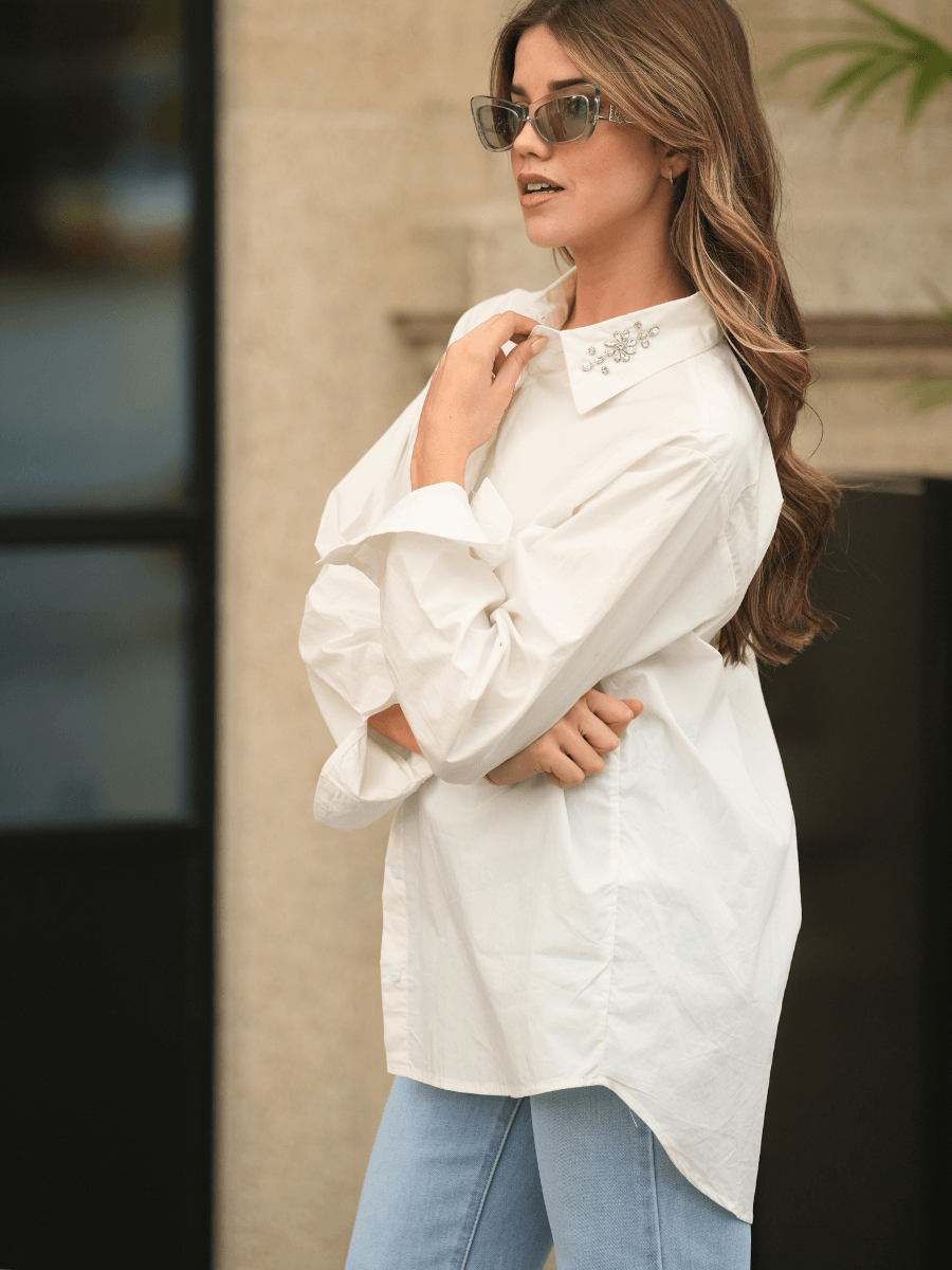 Camisa assimétrica pedras preciosas - Spaccio.pt