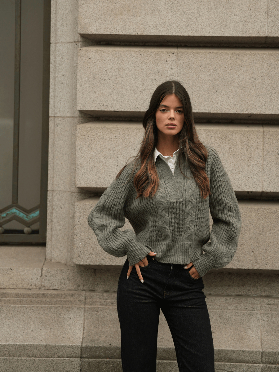 Camisola malha combinada com gola camiseira - Spaccio.pt