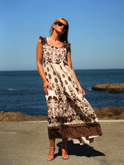 Vestido longo estampado laçada ajustável
