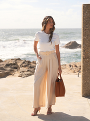 Calças Wide Leg Cintura Alta com Fivela