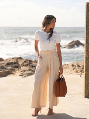 Calças Wide Leg Cintura Alta com Fivela