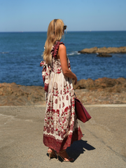 Vestido longo estampado laçada ajustável