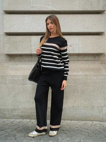 Conjunto Malha Riscas e peças:  Camisola + Calças