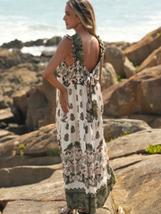 Vestido longo estampado laçada ajustável