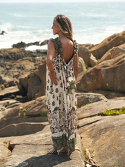 Vestido longo estampado laçada ajustável